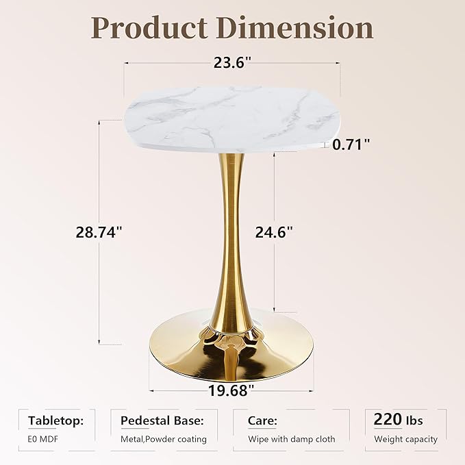 Small Square Dining Table,24" Tulip Table with Metal Pedestal,15-Minute Quick Assembly,Mid Century Modern Leisure Table for Kitchen Small Places Cafe (Faux Marble White Gold)