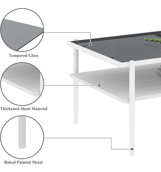 Mid Century Modern 2-Tier Coffee Table with Gray Tempered Glass Top & Wood Storage Shelf – Space-Saving Center Table for Living Room, Apartment & Small Spaces (White-A)