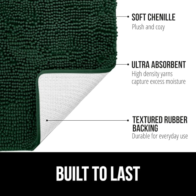 GORILLA GRIP Bath Rug Mat 44x26, Soft Absorbent Chenille, Quick Dry Microfiber Mats, Rubber Backing Washable Shower Floor Rugs, Bathmat Runner, US Designed Bathroom Decor Accessories Hunter Green