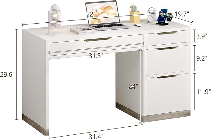 MaverickFurni White Desk with 4 Drawers, 52 Inch Modern Computer Desk with Storage for Bedroom, Home Office Writing Desk for Small Spaces, Minimalist White Writing Desk