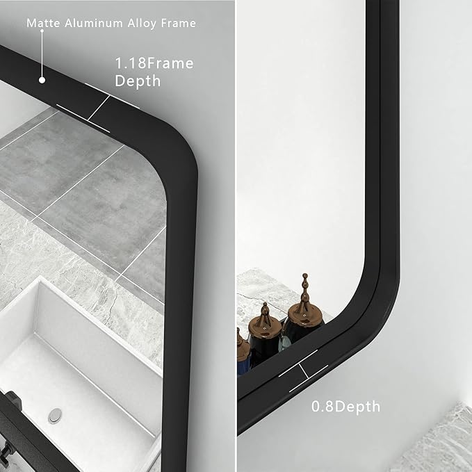 16x24 Inch Black Metal Framed Bathrrom Mirror for Wall, Matte Black Rectabgle Mirror, Rounded Corner, Anti-Rust, Hangs Horizontally or Vertically