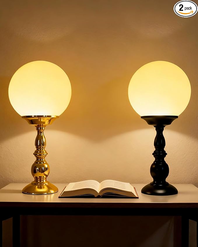 Lightdot Globe Table Lamp for Bedroom Mid Century Modern Small Desk Lamp 3000K Warmwhite Cute Nightstand Bedside Lamps for Living Room Home Office-2Pack(Gold & Black)