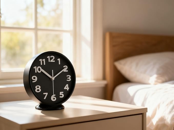 JENLYSTIME 8 Inch Black Modern Wall Clock – Silent Non-Ticking, Bold 3D Numbers, Precise Quartz Movement | Decorative Desk & Wall Clock with Stand for Home, Kitchen, Bedroom, or Office