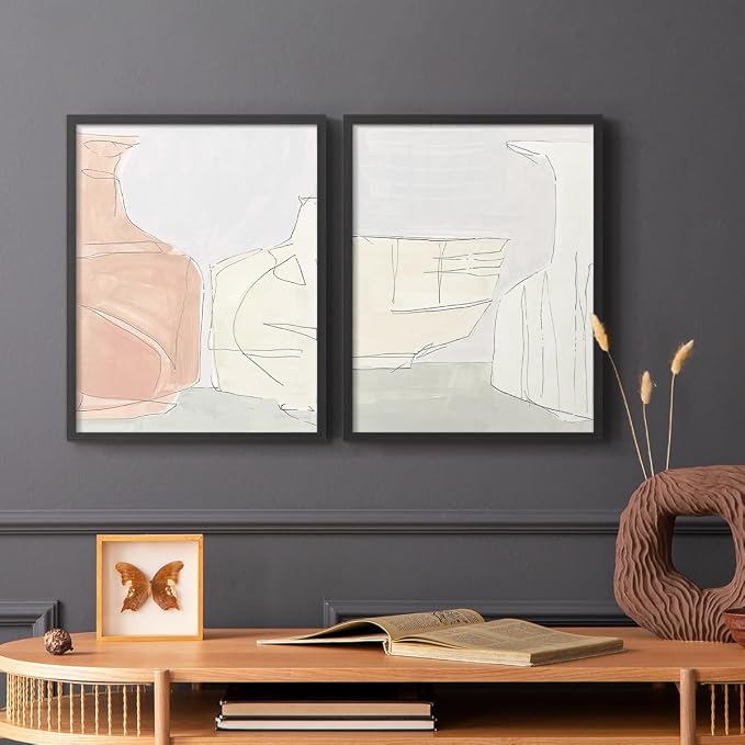 Renditions Gallery Set of 2 Peel & Stick Framed Prints, Neutral Abstract Wall Art, Soft Tones Delicate Linework Wall Decor, Re-Stickable - Ready to Hang - 16"x20" - Black Frame LT588