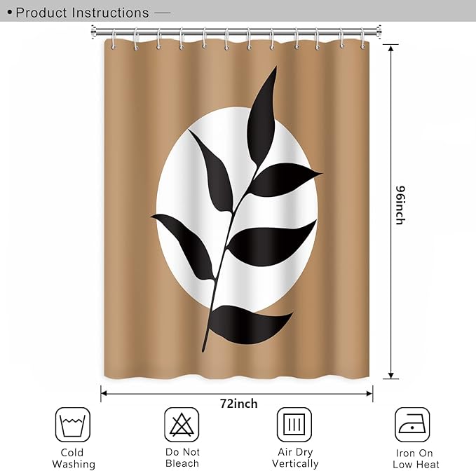 Abstract Bohemian Bathroom Shower Curtain - White Circle Eucalyptus Leaves Boho Tan With Hooks, Waterproof Polyester for Modern Aesthetics Home Decor, 72x96 Inch