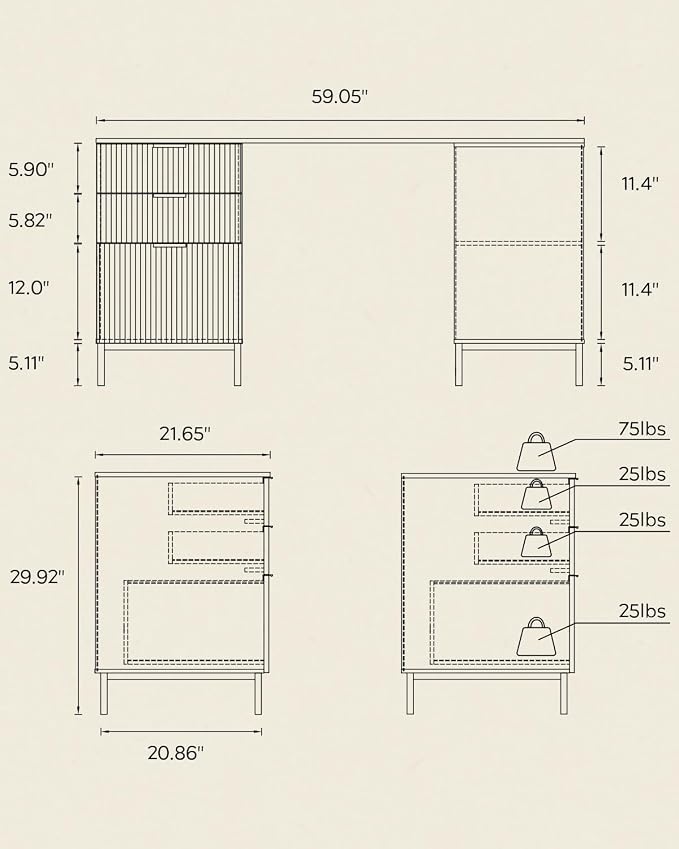 60" L Shaped Fluted Desk, Computer Desk with Movable Storage Cabinet Home Office Desk with 3 Drawers Metal Legs Corner Desk for Gaming Study, Brown