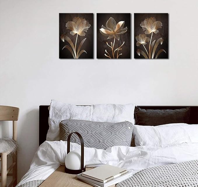 arteWOODS Abstract Wall Art Brown Flowers Canvas Pictures Contemporary Minimalism Abstract Flower Artwork for Bedroom Bathroom Living Room Wall Decor 12" x 16" x 3 Pieces