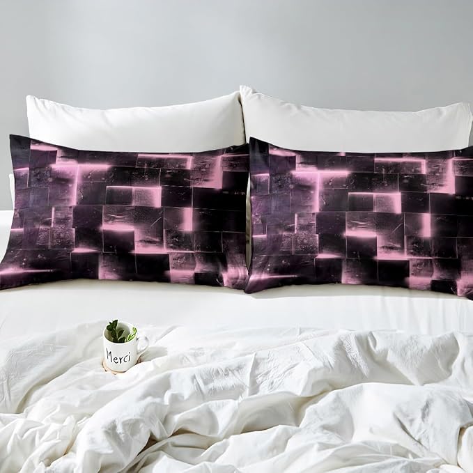 Erosebridal Black and Pink Duvet Cover Twin Modern Abstract Twin Bedding Set, 3D Glowing Plaid Comforter Cover Gradient Grid Bed Set, Neon Square Bedding 2pcs (Black Reversible)