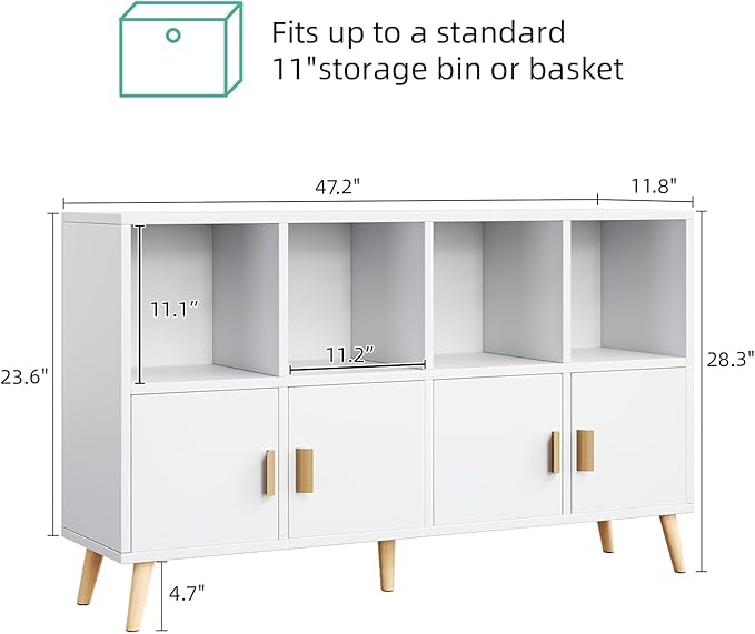 8-Cube Storage Organizer with Doors & 5 Solid Wood Legs, Mid-Century Modern Bookshelf with Seamless Top, Horizontal Cubby Toy Storage for Kids, Sideboard Media Console fits 11" Bins, White