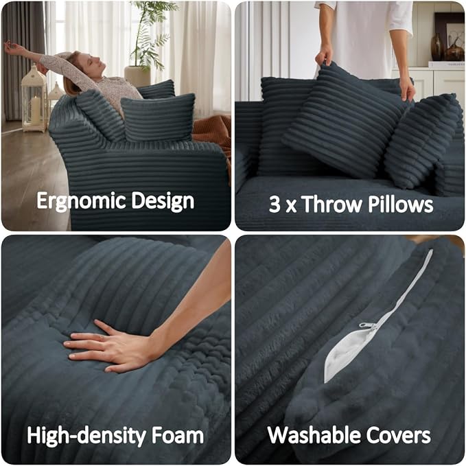 50" Chaise Lounge Chair Indoor, Oversized Corduroy Lazy Sofa Bed Sleeper Chair with 3 Pillows & Spring Cushion, Boneless Couches for Living Room Apartment, Dark Grey