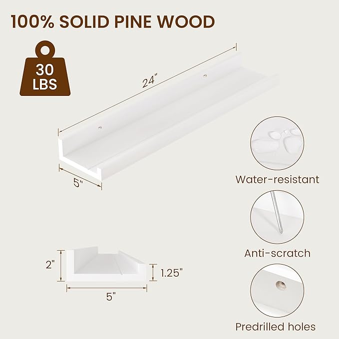Vivelove Picture Ledge Shelf, Solid Pine Wood Rustic Floating Shelves for Wall, 24 Inch Floating Shelves with Lip for Bedroom Kitchen Living Room Nursery Display Wall Decor, Set of 2 (White)