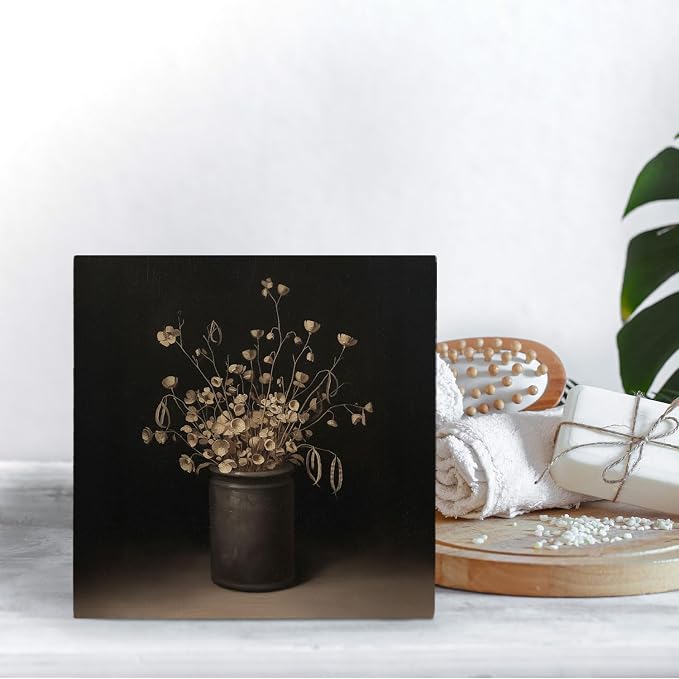 Moody Rustic Floral Wooden Box Sign Desk Decor, Dark Academia Cottagecore Flower Botanical Wood Signs for Home Living Room Office Desk Table Shelf Decorations, 5x5 Inch