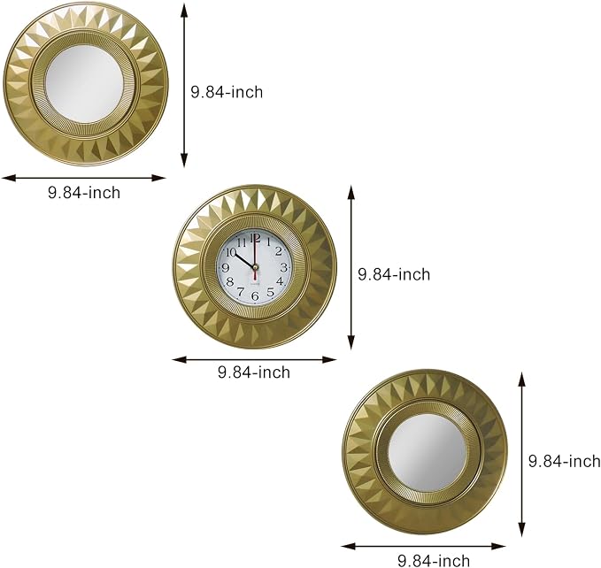 3 Pcs Gold Retro Sunburst Wall Decor Set, 9.8 Inch Round Clock & 2 Mirrors Wall Art, Vintage Sunburst Style Decor for Living Room Bedroom Bathroom, Lightweight & Easy to Install
