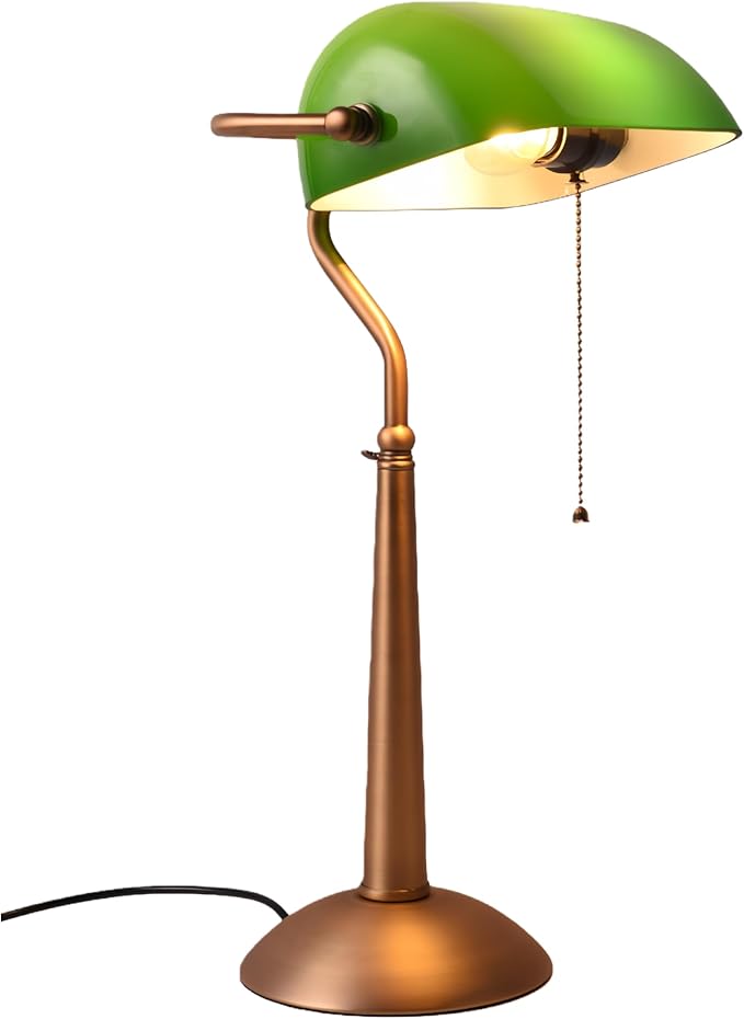 COSYLUX Tall Bankers Lamp, Vintage Sleek Green Glass Table Lamp with Pull Switch, Antique Bronze Metal Bankers Desk Lamp for Office, Study Room, End Table, Bedside (Green)