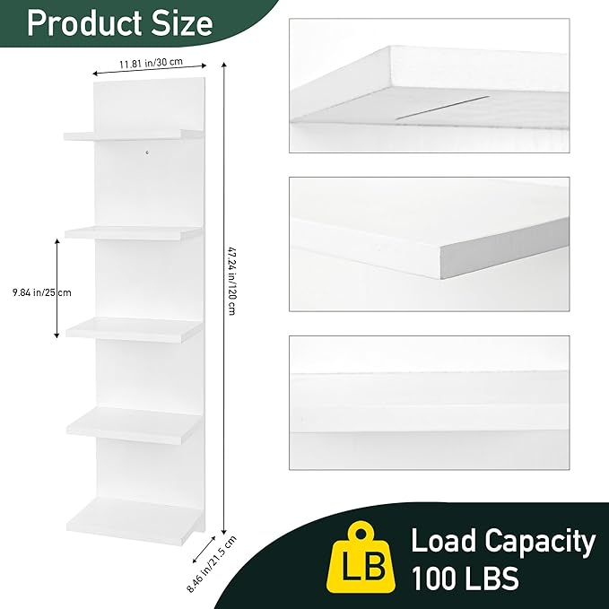 5 Tier Wall Shelf Unit,Vertical Column Shelf Floating Storage Home Decor Organizer,Display Floating Shelf for Bedroom, Living Room,Vanity -2 Pcs(White)
