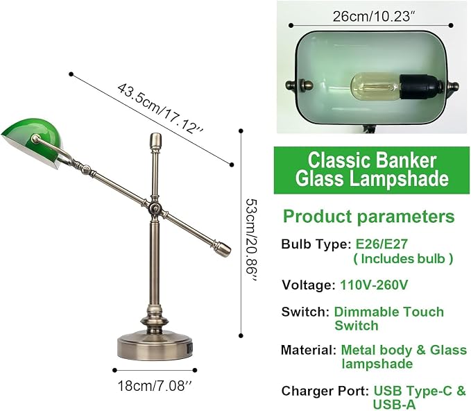 FIRVRE Green Bankers Desk Lamp, Dimmable Retro LED Desk Lamp with Charging Function, Touch Adjustable Dimming E26 Lamp, Retro Style Reading Light for Study, Home Office, Living Room(1Bulb Included)