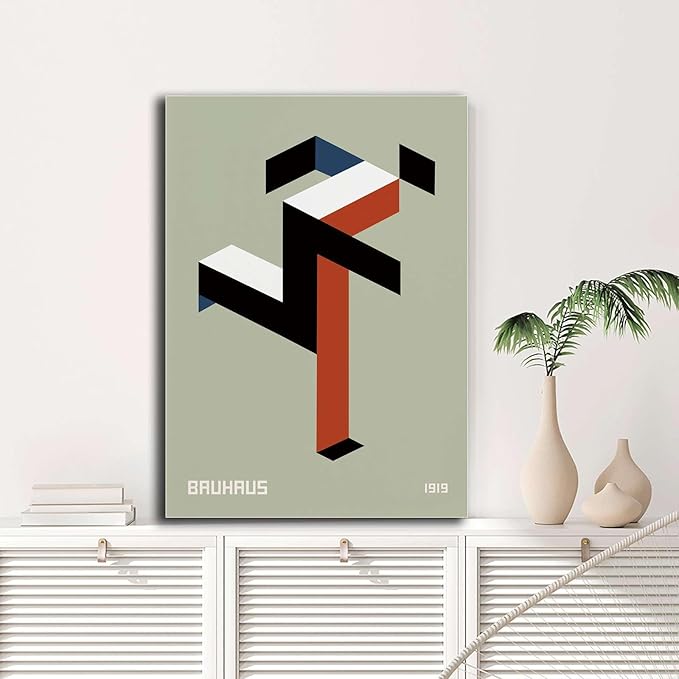 Poster Wall Art Picture Bauhaus Print 1919 Exhibition Poster Running Man Geometric Decor Modern Minimalist Abstract Sage Green Wall Art Kitchen and Dining Room Wall Decoration 12x18inch wood Frame