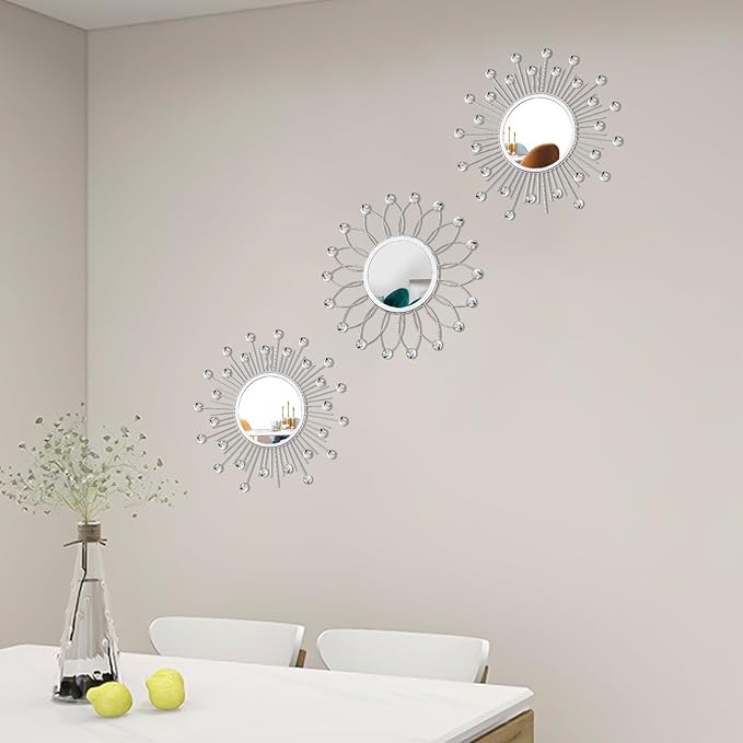 3 Pack Metal Mirrors for Wall Sunburst Wall Mirrors Home Décor Decorative Hanging Wall Art for Living Room Bedroom Entryway (Silver Crystal, Flower+Sunburst)