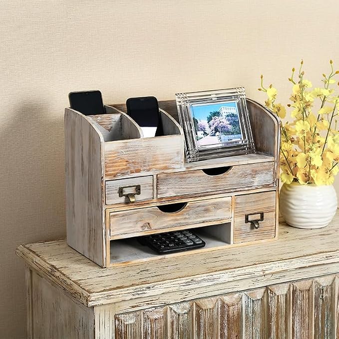Large Adjustable Wooden Office Desk Organizer For Desktop, Tabletop, or Counter – Wood Storage Shelf Rack – For Office Supplies, Desk Accessories, or Mail - Barnwood (Vintage, Large)