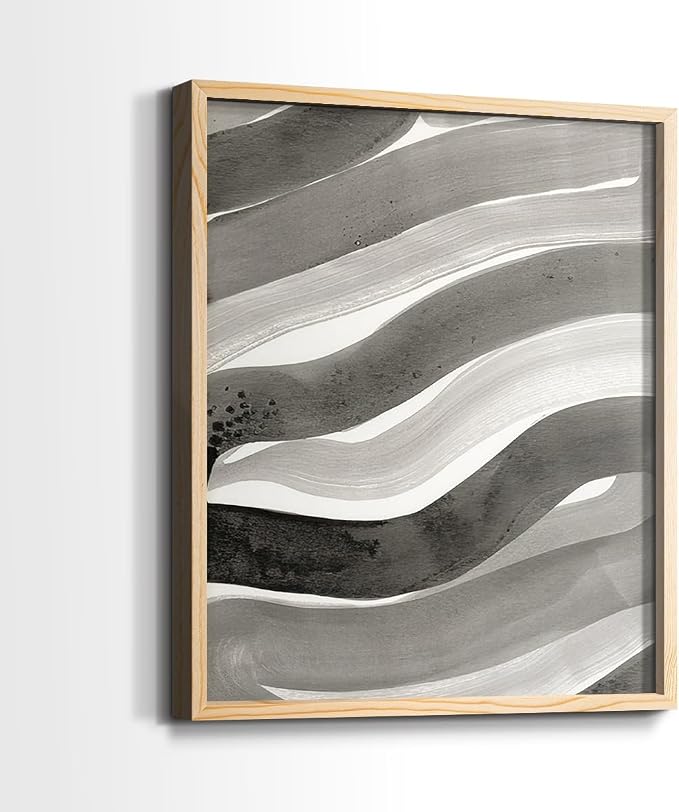 Renditions Gallery Set of 2 Peel & Stick Framed Prints, Watercolor Abstract Wall Art, Black and White Bold Brushstrokes Wall Decor, Re-Stickable - Ready to Hang - 22"x28" - NATURAL WOOD Frame LT588