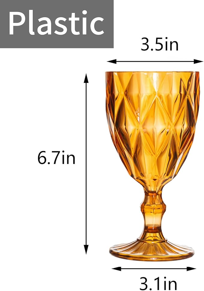 12 Pack Vintage Wine Glasses, Plastic Reusable 12 Ounce Colored Water Goblets, Unique Embossed Pattern Unbreakable Stemmed Wine Glasses High Clear Wedding Party Bar Drinking Cups Amber
