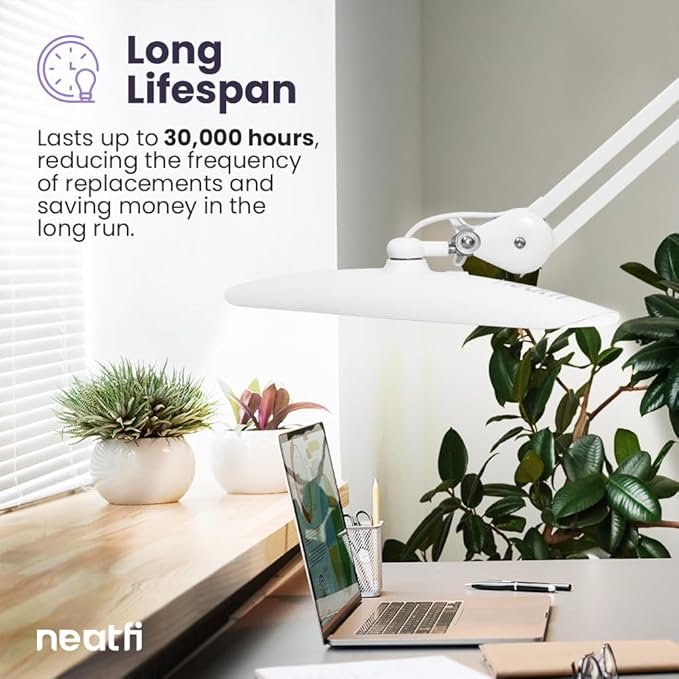 Neatfi XL Nail Desk Lamp with Clamp, 2200 Lumens, 20-Inch Wide Head, Dimmable 4 Levels, 6500K, LED Task Light for Manicure Table, Crafts, Workbench, Office (Non-CCT with Base, White)