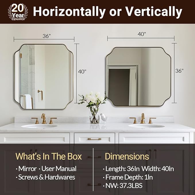 ANDY STAR 36"x40" Brass Vanity Mirror, Large Scalloped Bathroom Mirror, Brushed Gold Trim Mirror in Anti-Rust Stainless Steel Metal Frame, Irregular Shaped Mirror Ideal for Bathroom Remodel