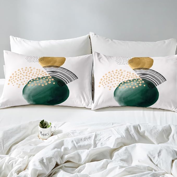 Erosebridal Abstract Artwork Bed Set Geometric Circle Duvet Cover, Aesthetic Minimalist Bedding Set Full Blackish Green Turqoise Comforter Cover, Beige White Bed Cover Cozy Soft 3pcs (Zipper Closure)