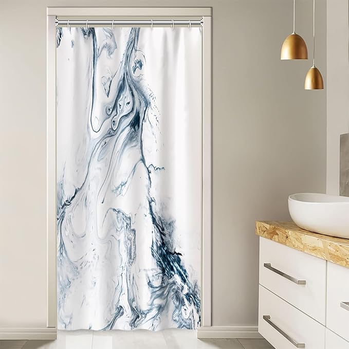Stall Shower Curtain, Modern Abstract Blue and White Marble Small Shower Curtain Waterproof Shower Curtain Set with Hooks, 36x72 Inch