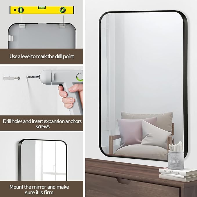 Black Bathroom Mirror, 24x32 Inch Matte Black Mirror, Aluminum Alloy Framed Vanity Mirror, Rounded Rectangle Bathroom Mirror for Over Sink, Anti-Rust Wall Mirror (Horizontally or Vertically)