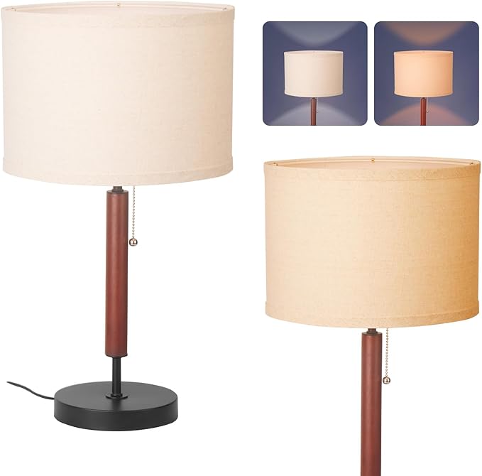 Mid Century Table Lamp, Farmhouse Desk Lamp with Pull Chain Switch&Linen Shade, Black Metal Bedside Lamp for Bedroom, Living Room, Office, Wood Finish(Black)