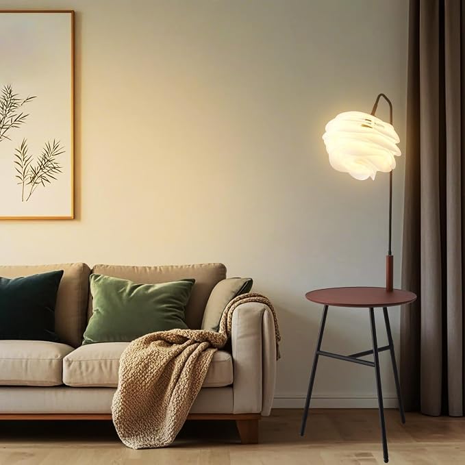 Fiqevs Flower Floor Lamp, Wood Shelf Mid-Century Modern Standing Lamp, Tripod Tall Lamp for Living Room, Bedroom, Office Decor