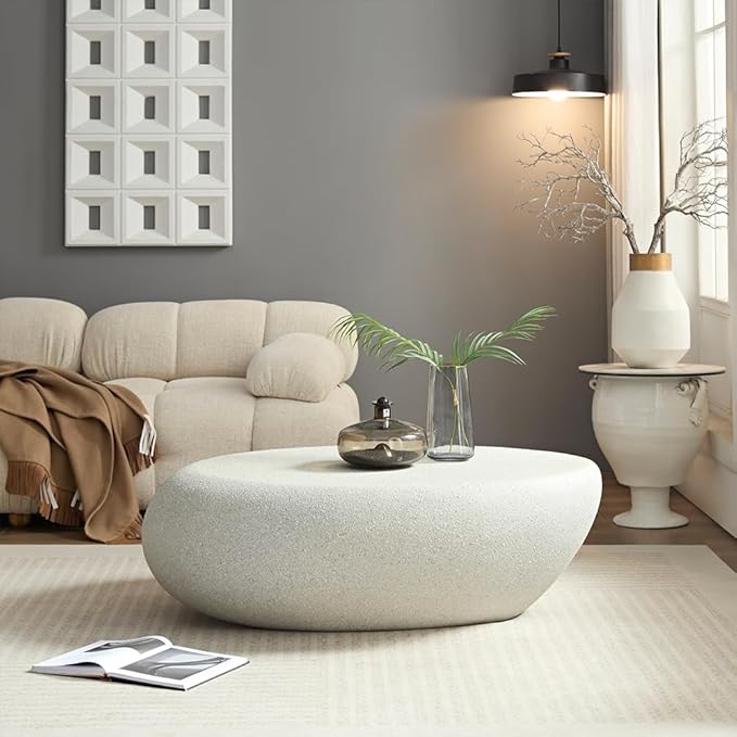 Oval Coffee Table Faux Stone Table Outdoor Irregular Coffee Table Contemporary Center Table for Living Room Apartment Indoor, No Need Assembly (43.31'' Matte Beige)