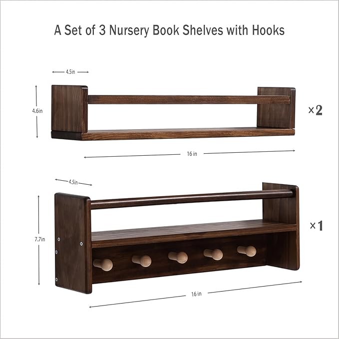 AZSKY 16 Inch Nursery Book Shelves Wall Floating Bookshelf with Hook Deep Walnut Hanging Book Shelf Toddler Room for Kids Room Bedroom Bathroom Living Room Kitchen Set of 3