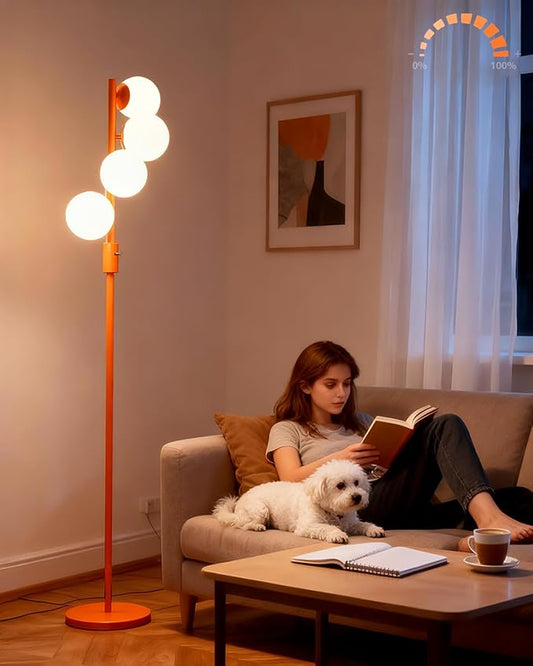 Lightdot 64IN Dimmable Globe Floor Lamp, Orange Pole Standing Lamps with 4PCS 3000K Bulbs Included Soft Warm White Eye Care, Mid Century Modern Floor Lamp for Living Room/Sofa Beside/Corner Decor
