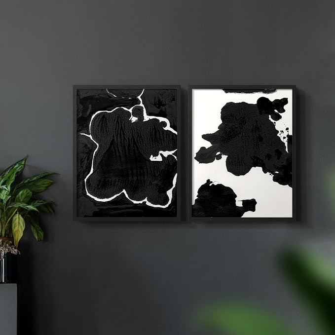 Renditions Gallery Set of 2 Peel & Stick Framed Prints, Fluid Abstract Wall Art, Black and White Inkblot Wall Decor, Re-Stickable - Ready to Hang - 8"x10" - Black Frame LT588