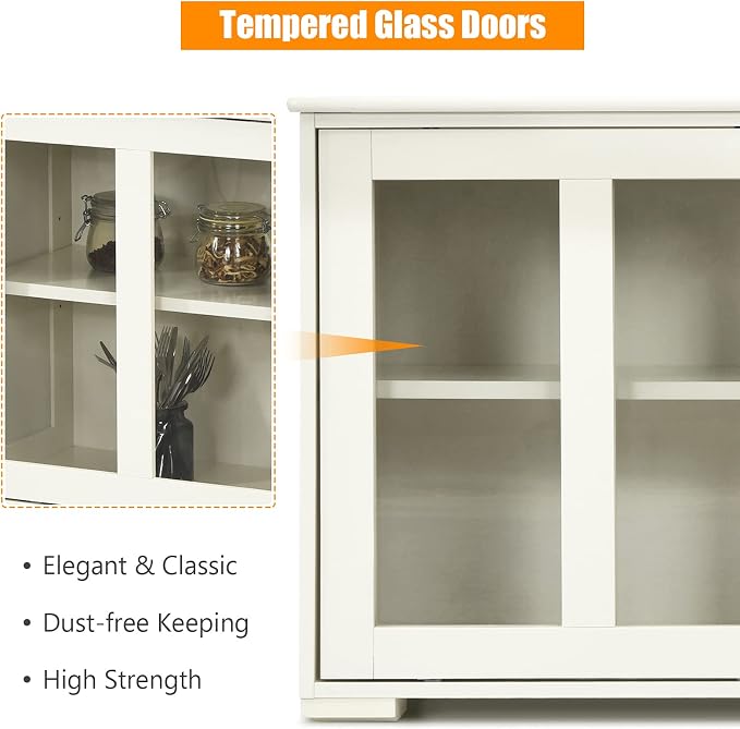 Sideboards Buffet Cabinet, Sliding Tempered Glass Door Coffee Bar, Console Table with Adjustable Shelf, Credenzas for Living Room, Stackable Kitchen Cupboard for Dining Room (White)