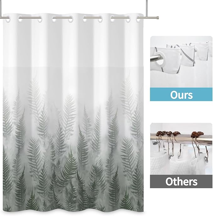 Fern Leaves Shower Curtain with Snap in Liner Gradient White Green Fabric Cloth Bath No Hook Shower Curtains with Mesh Top Window Waterproof Bathroom Curtain Set 71Wx74H