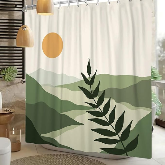 Boho Mid Century Shower Curtain Modern Abstract Sun Tropical Leaves Bathroom Curtain Set Neutral Minimalist Plant Waterproof Fabric Bath Decor with Hooks 48x72 inch
