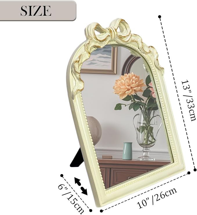 Cream Bow Mirror - 13x10 Inch Elegant Decorative Accent, Wall-Mounted & Tabletop Makeup Mirror for Bedroom Decor