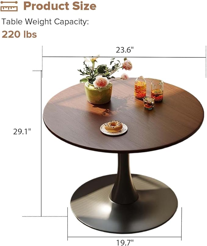 Round Dining Table,24 Inch Tulip Table with Wood Top and Sturdy Metal Pedestal,Mid-Century Leisure Table for Small Space Kitchen Dining Room Living Room,20-Min Easy Assembly