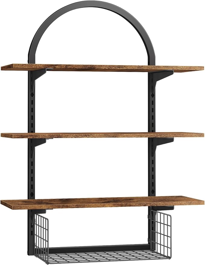 3 Tier Floating Shelf with Storage Baskets, Wall Mounted Bathroom Shelves Over Toilet, Wood Wall Shelves for Kitchen, Bedroom, Living Room, Home Organization and Decor, Rustic Brown