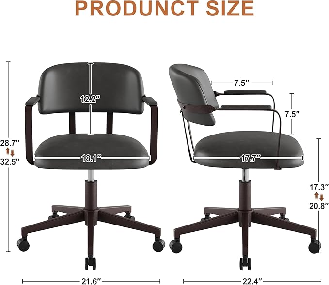 Home Office Desk Chair, Mid-Century Modern Desk Chair with Padded Arms, Adjustable Seat Height, Mid Back 360° Small Computer Chair with Mobile Mute Wheel, PU Leather (Dark Grey)