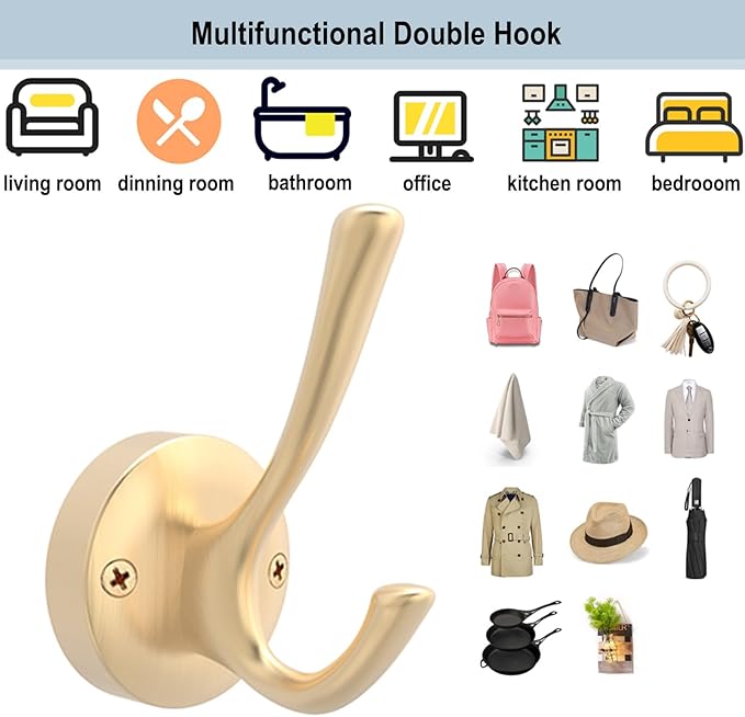 Gold Wall Hooks, 6 Pack Coat Robe Hook Heavy Duty Metal Double Bath Hook Wall Mounted, Hand Towel Hooks for Cubicle Bathroom Kitchen Closet Garage