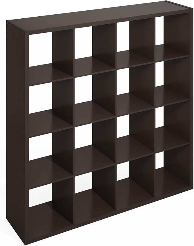 Furinno Simple Cube Storage Organizer, 16-Cube Display Shelf, Open Back Shelving Unit, Storage Shelves, Extra Thick Frame, for Organization and Storage, Living Room, Home Office, Black Dark Oak