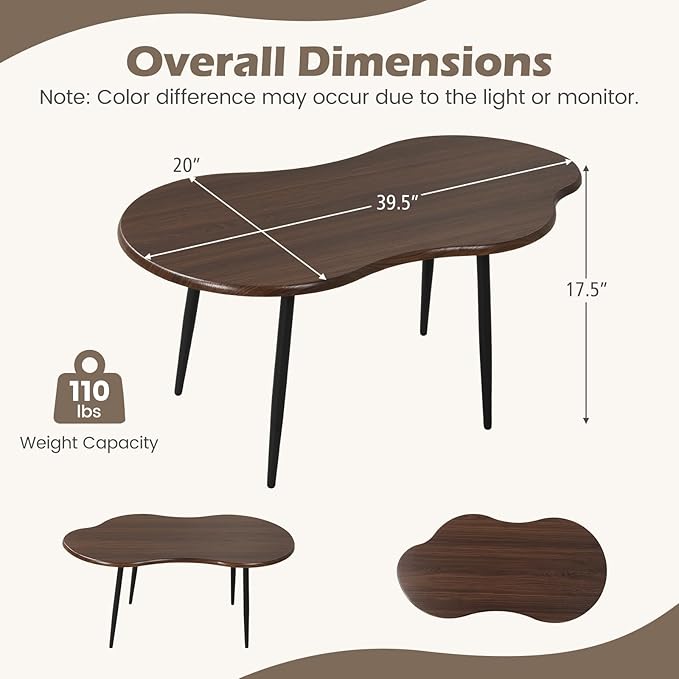 Giantex Small Coffee Table, 39.5" Cloud Center Table with Metal Frame, Unique Irregular Accent Cocktail Tea Table, Modern Wood Coffee Table for Living Room, Small Spaces (Walnut)