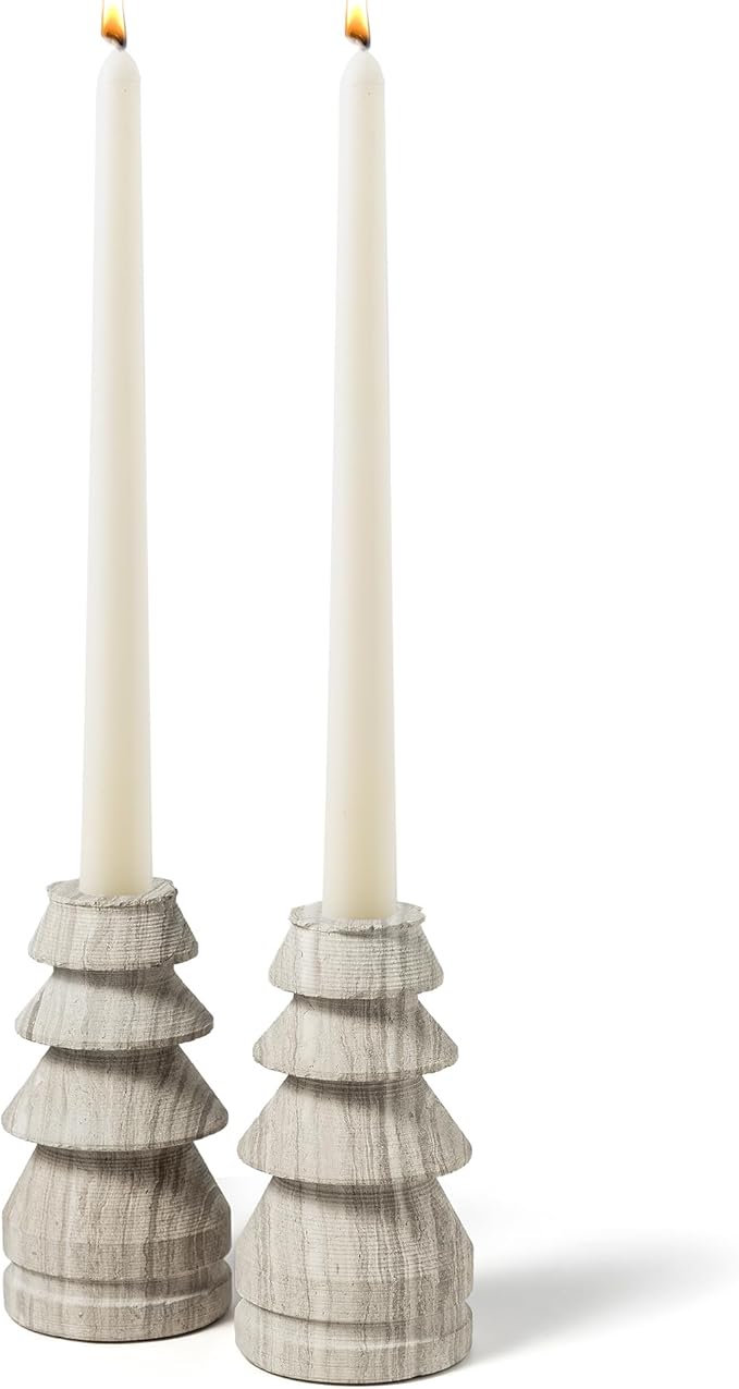 WORHE Marble Candle Holders Set of 2, Natural Stone Candlestick Holder for Christmas Decor, Wedding Centerpiece, Dining Table Fits 3/4" Taper Candles, Non-Slip Base, Grey (WH071)