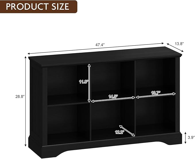 6 Cube Storage Organizer - 47.4" Farmhouse Wood Low Bookshelf, 3 Tier Horizontal Open Shelf Bookcase Cubby Storage Console Cabinet for Living Room, Entryway, Office, Black