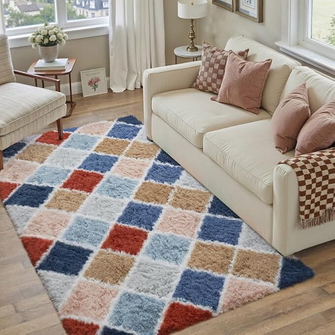 4x6 Checkered Rug for Living Room Rainbow Modern Soft Area Rug Fluffy Non-Slip Carpet for Bedroom Playroom Home Aesthetic Decor