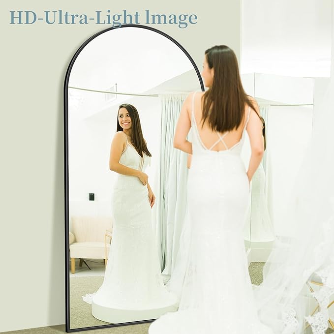 Full Length Mirror with Stand, 72"x44" Arched Full Body Mirror, Large Stand Up Aluminum Frame Floor Freestanding Hanging Leaning Mounted for Bedroom Living Room Entryway Black